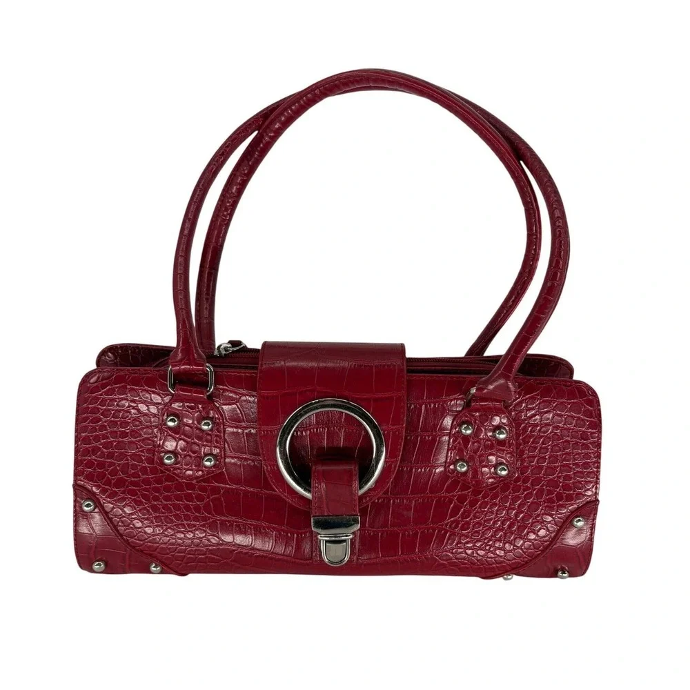 Vintage Red Faux Crocodile Shoulder Bag Baguette Purse Satchel Studded 90s Y2K